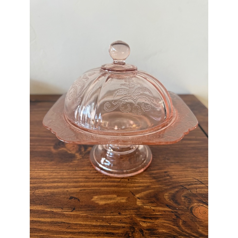 Vintage Jeannette Pink Depression Glass Cherry Blossom Candy Butter Dish w/ Lid
